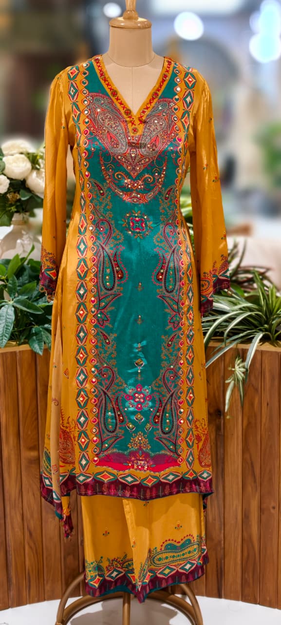 Mustard Elegance Complete Printed Kori Sleeve High & Low Kurta Pant Set In Crepe Fabric-13147