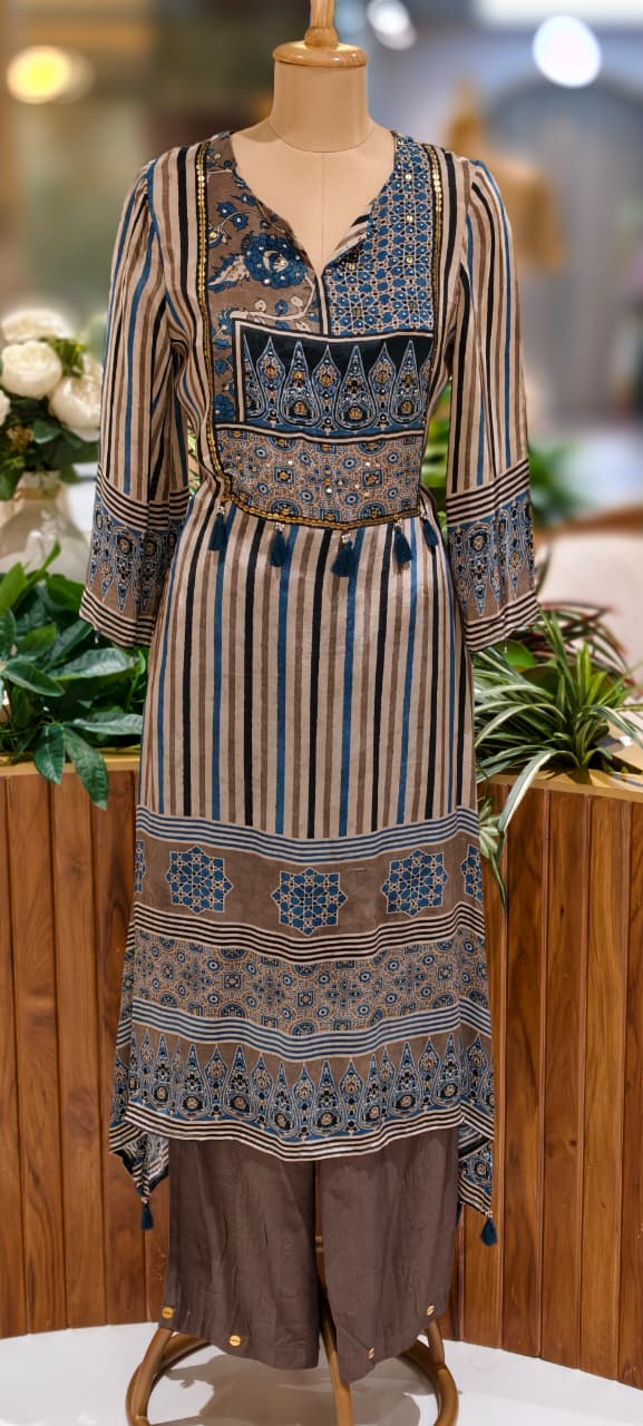 Ajrak Yoke Striped Printed Tasselled A-Line High & Low Kurta Pant Set In Crepe Fabric- 13129