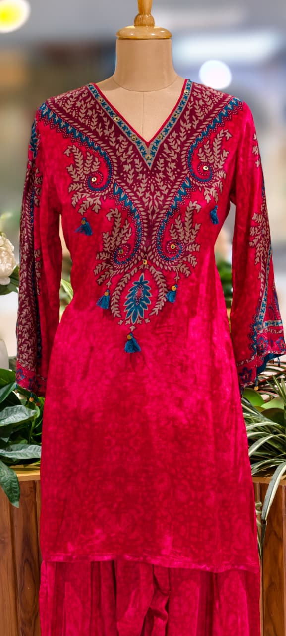 Beautiful Print Vibrant Kurta With Farsi Bottom Set In Crepe Fabric- 13107