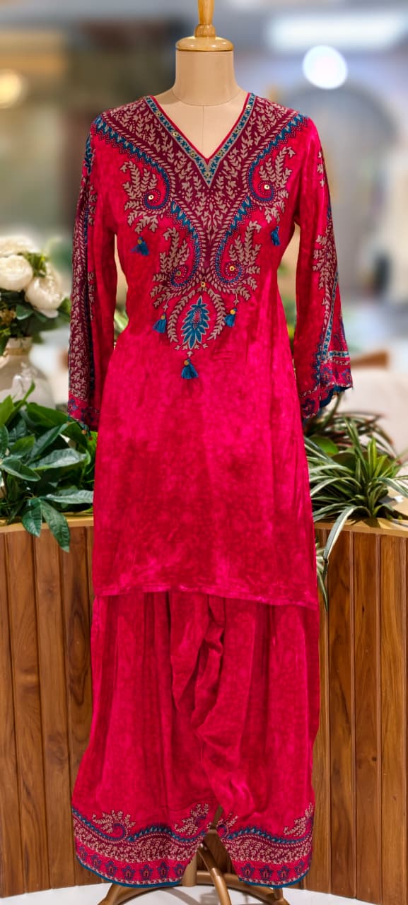 Beautiful Print Vibrant Kurta With Farsi Bottom Set In Crepe Fabric- 13107
