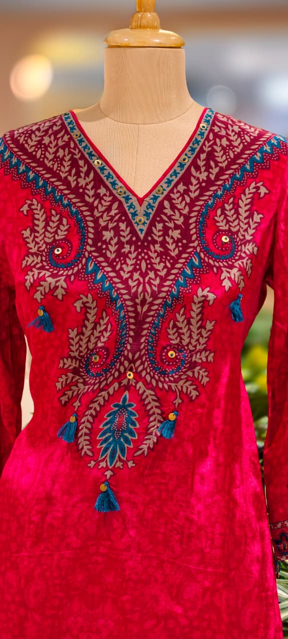Beautiful Print Vibrant Kurta With Farsi Bottom Set In Crepe Fabric- 13107