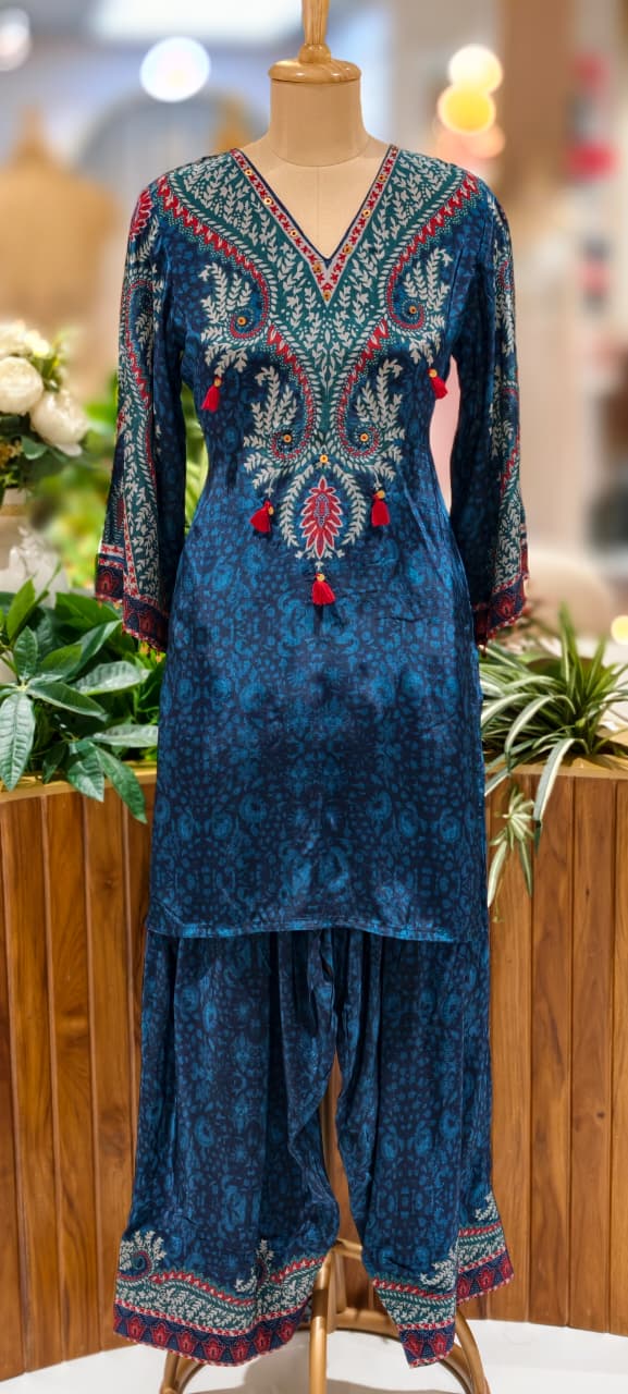Beautiful Print Vibrant Kurta With Farsi Bottom Set In Crepe Fabric- 13107