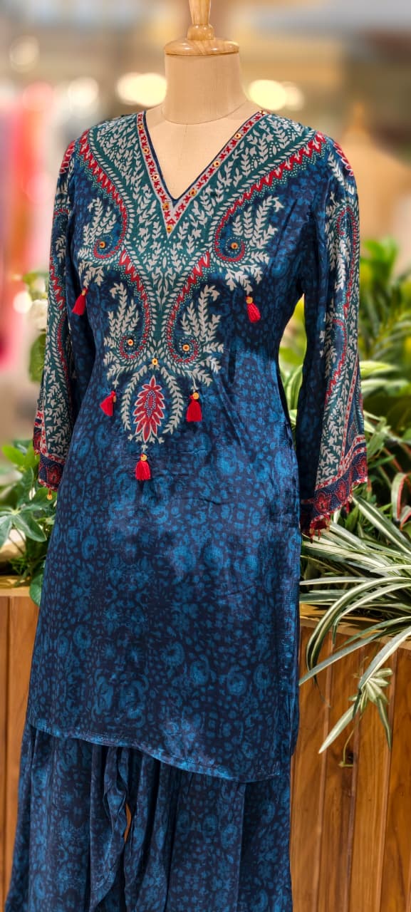 Beautiful Print Vibrant Kurta With Farsi Bottom Set In Crepe Fabric- 13107