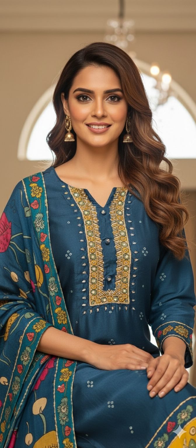 Midnight Bloom Ethnic Printed Full Suit Set With Dupatta In Russian Silk Fabric- 13163