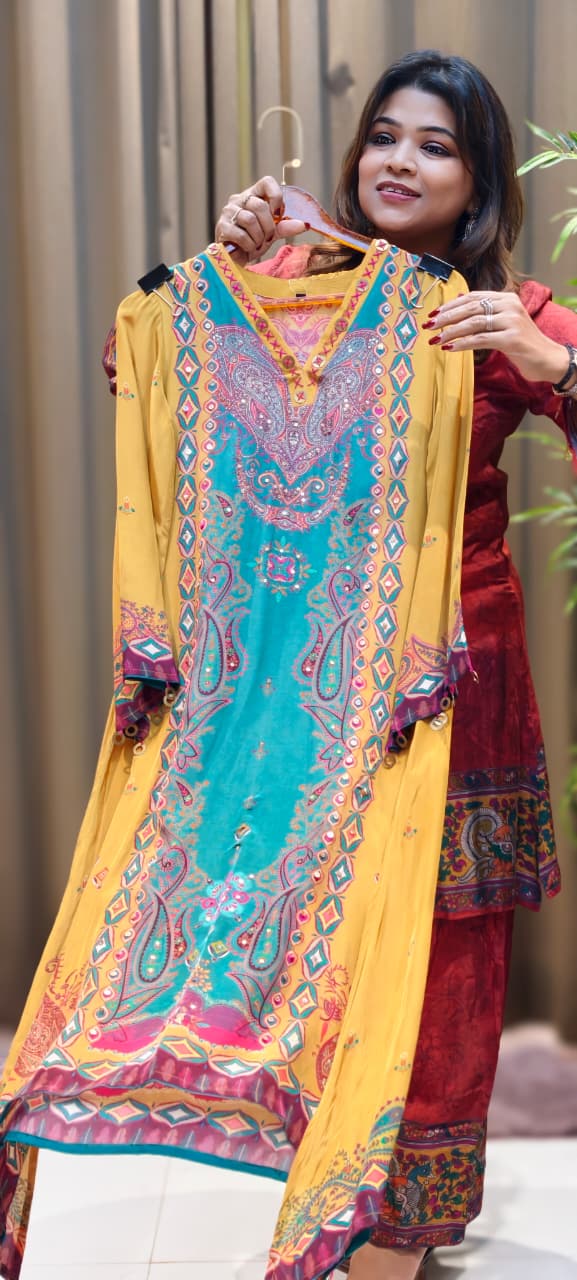 Mustard Elegance Complete Printed Kori Sleeve High & Low Kurta Pant Set In Crepe Fabric-13147