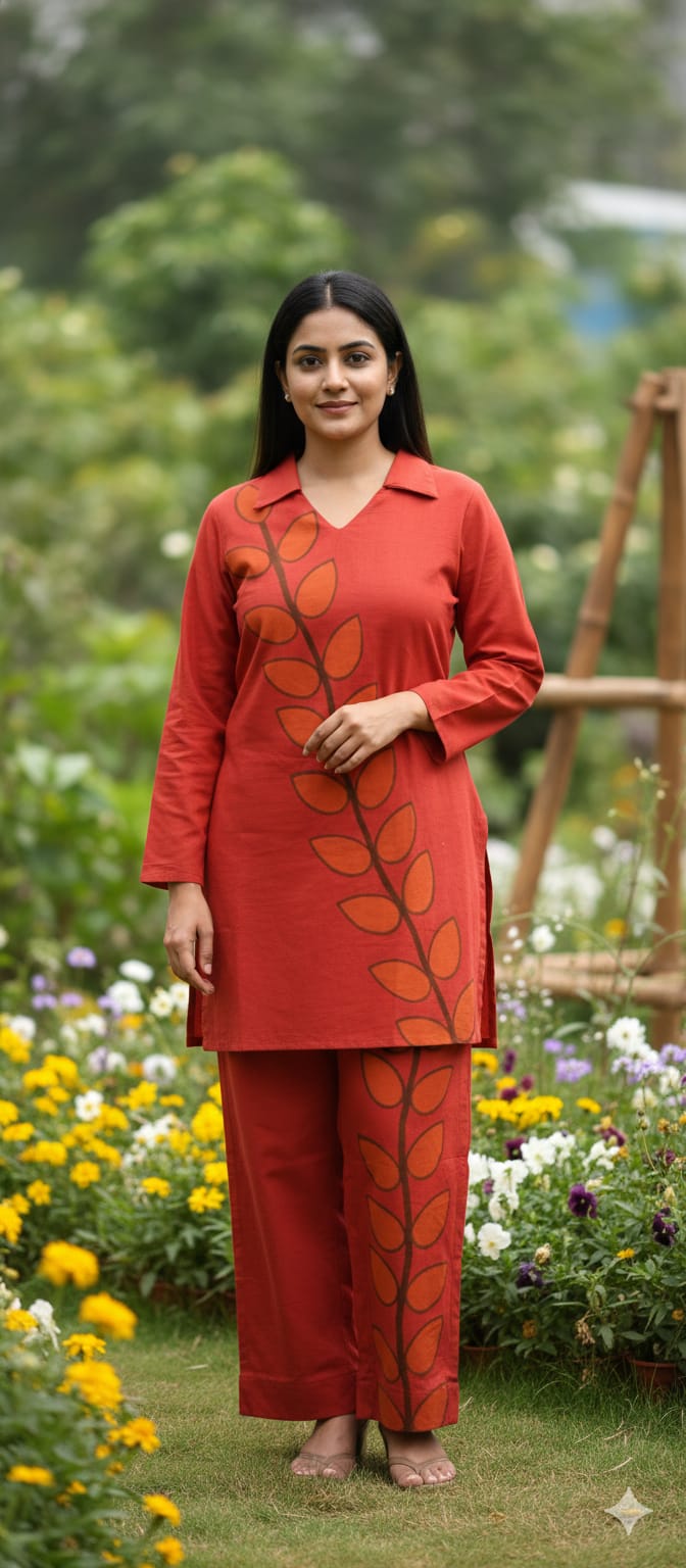 Placement Leafy Print Solid Color Matching Collared Co-Ord Set In Cotton Fabric-13219