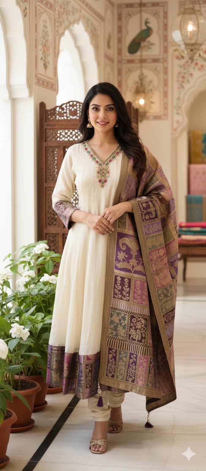 Banarasi Weavin Brocade Panel Anarkali Full Suit Set With Design Over Neck-13235