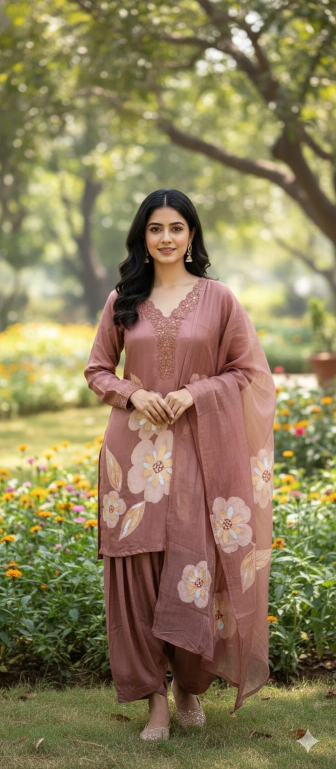 Floral Patch With Cut-Work Neck Line Full Suit Set With Dupatta & Farsi Shalwar-13231(Loose Fit)