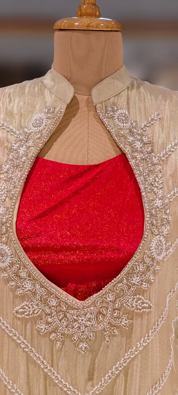 Cut-Dana Heavy Placement Work Shrug With Buster In Palazzo Bottom In Tissue Fabric-13232