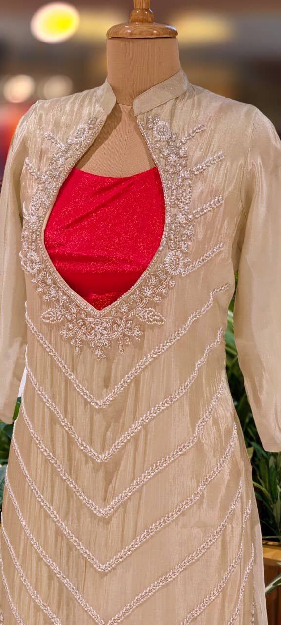 Cut-Dana Heavy Placement Work Shrug With Buster In Palazzo Bottom In Tissue Fabric-13232