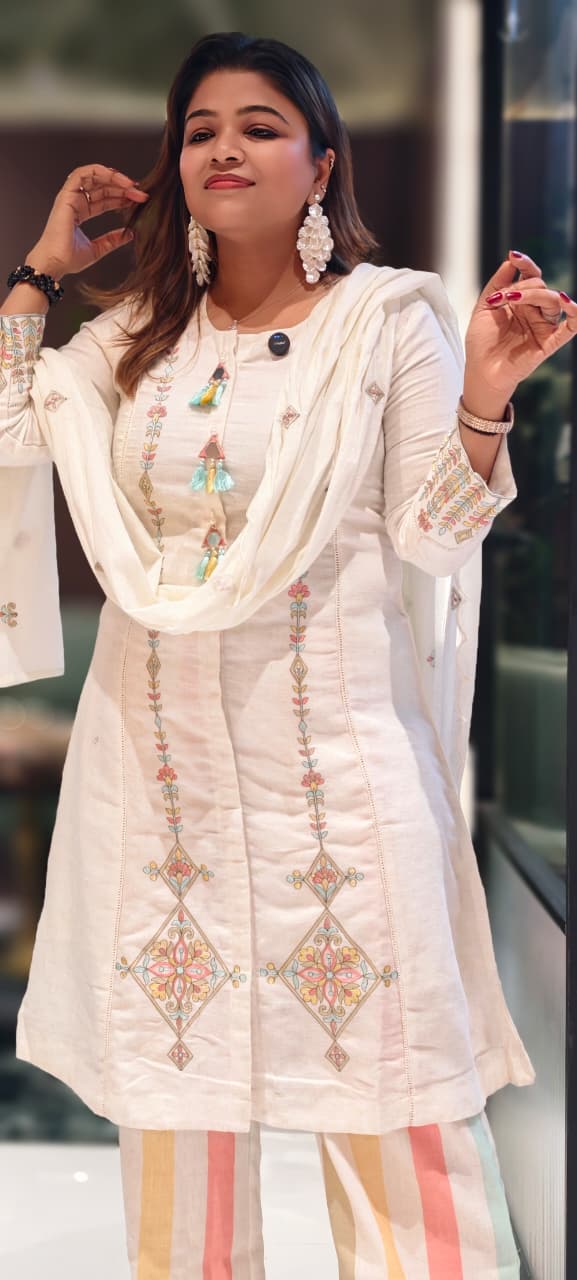 Pastel Contrasted Stripe Real Mirror Tasseled A-Line Full Suit Set With Dupatta In Linen Fabric-13234