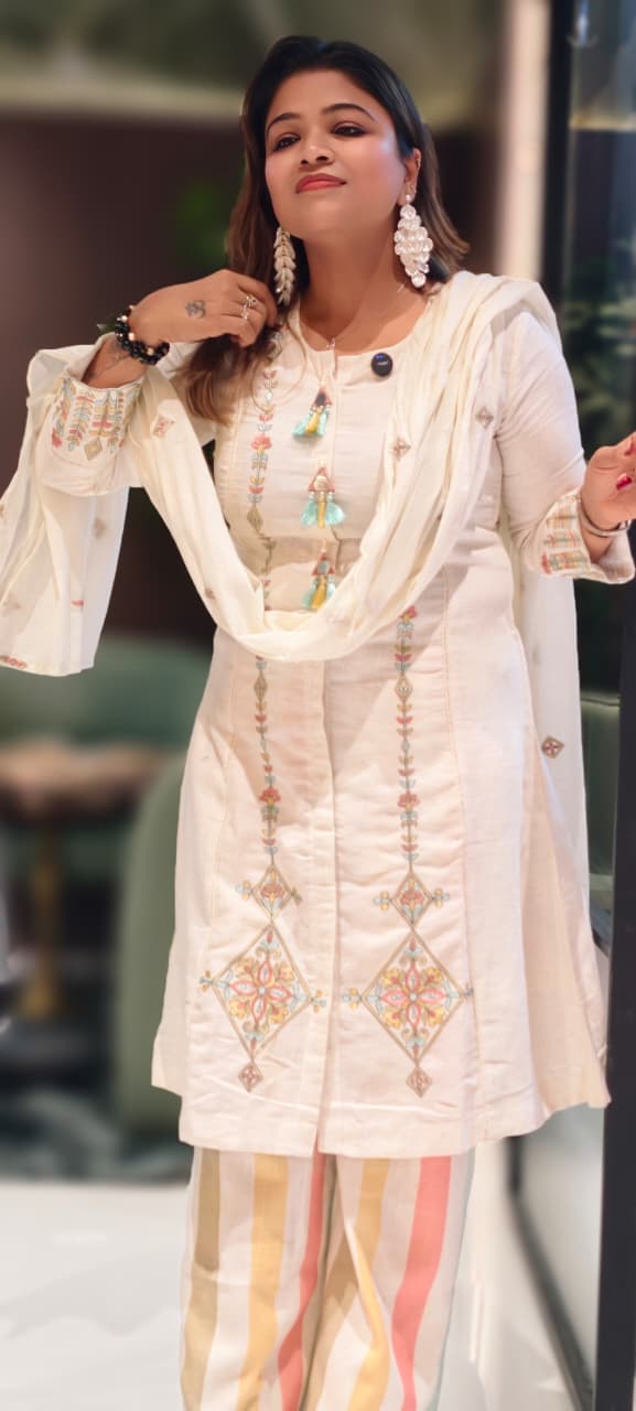 Pastel Contrasted Stripe Real Mirror Tasseled A-Line Full Suit Set With Dupatta In Linen Fabric-13234