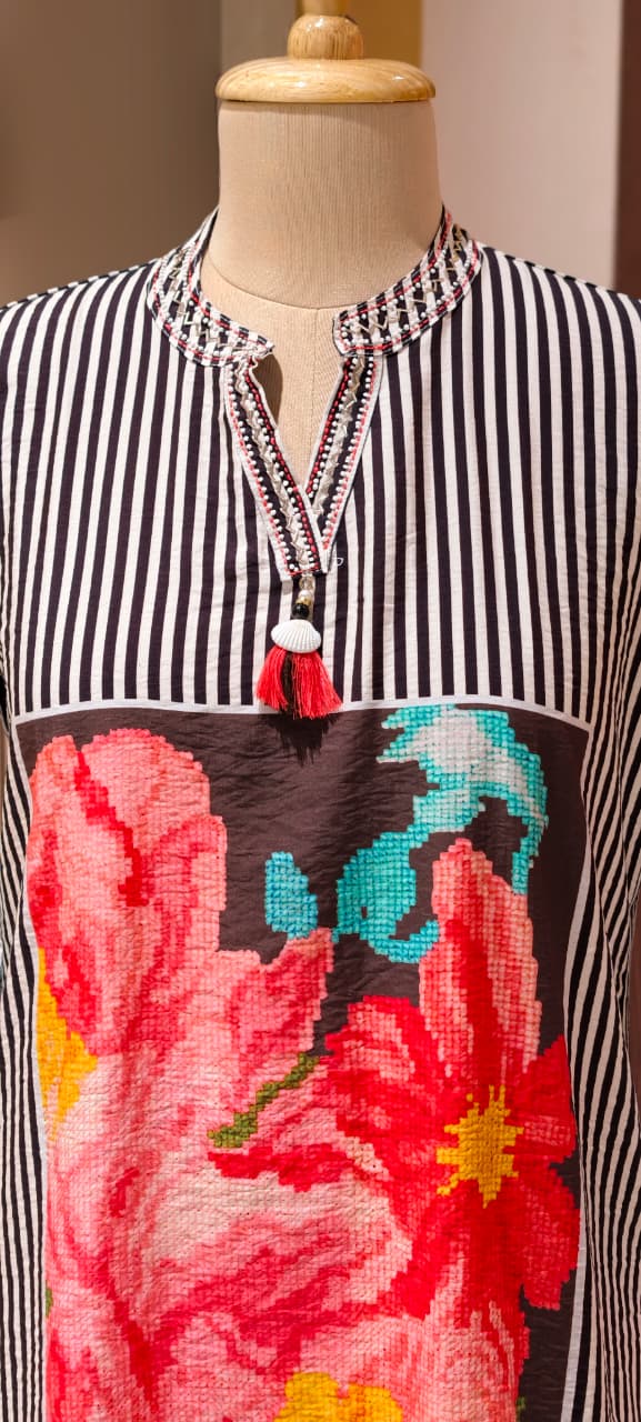 Floral Digital Print Striped Stylish Co-Ord Set (Slightly Lean Fit)-13275