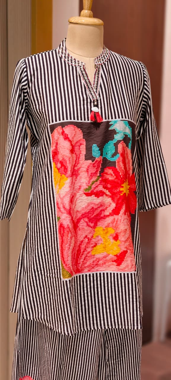 Floral Digital Print Striped Stylish Co-Ord Set (Slightly Lean Fit)-13275