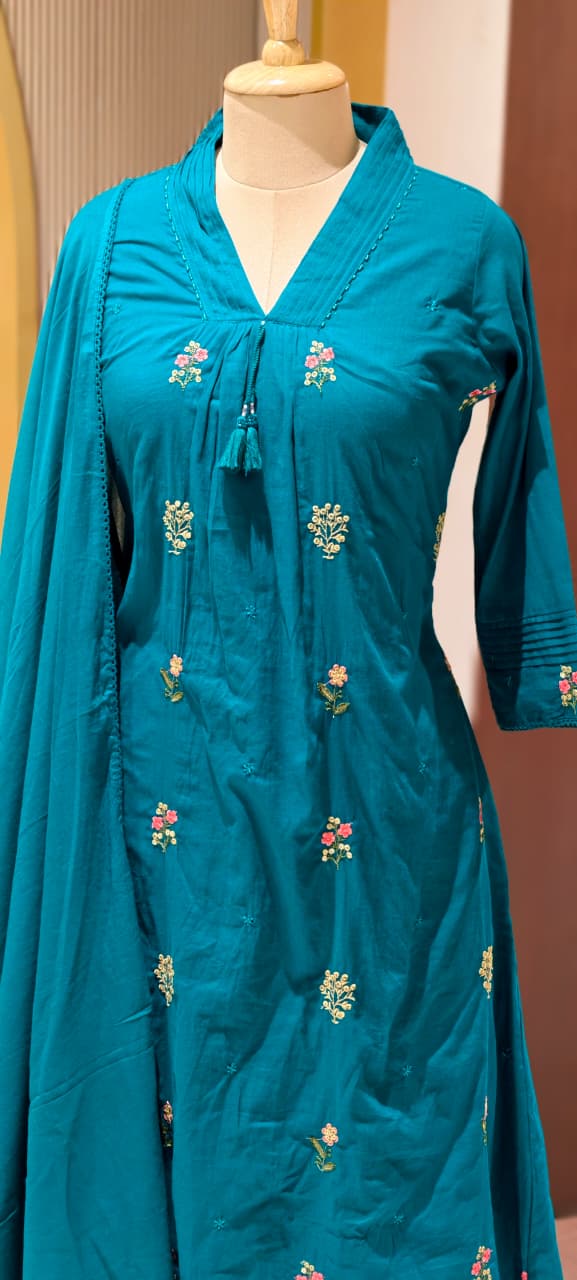 Premium Hand-Embroidered Aline Mul Cotton Kurta Pant Full Set With Tassel Detailing and Dupatta-12614,12615