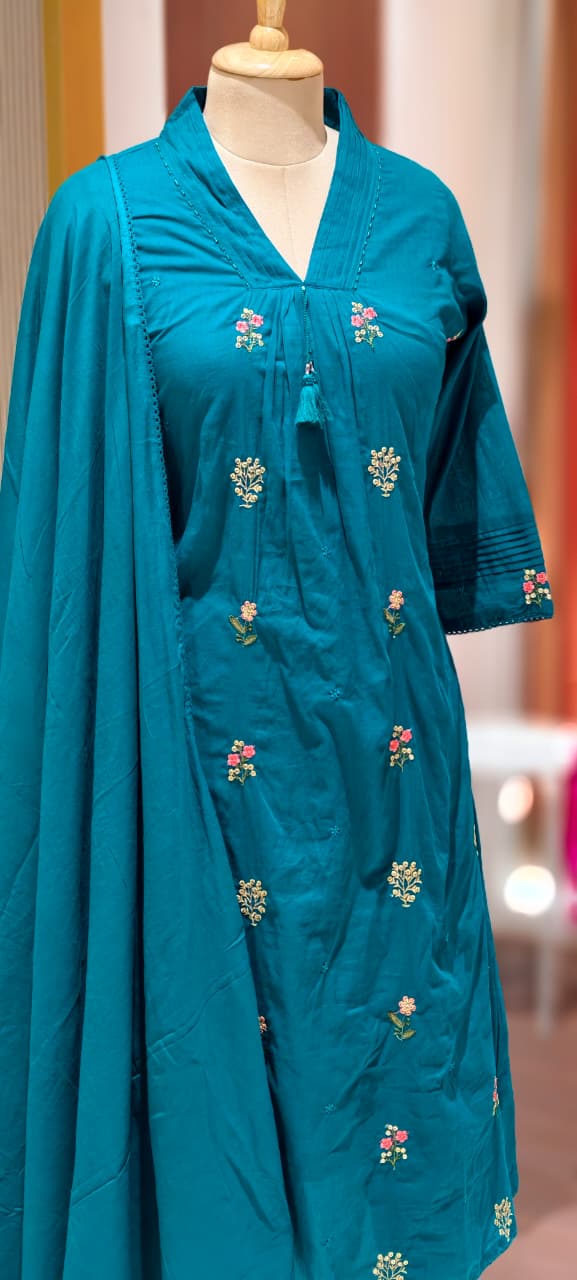 Premium Hand-Embroidered Aline Mul Cotton Kurta Pant Full Set With Tassel Detailing and Dupatta-12614,12615