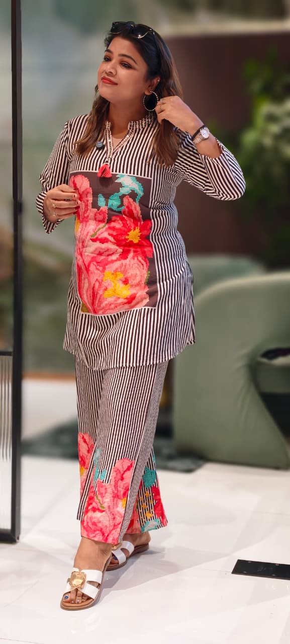 Floral Digital Print Striped Stylish Co-Ord Set (Slightly Lean Fit)-13275