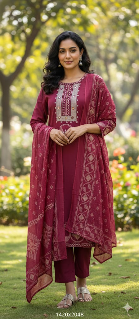 Mirror Work With Thread Embroidery & Printed Cotton Full Suit Set With Dupatta-13322