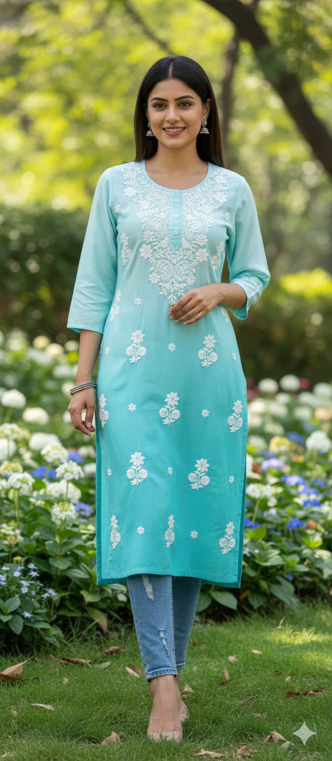 Dual Tone Pure Chikankari Work Cotton Kurti Only- 13271