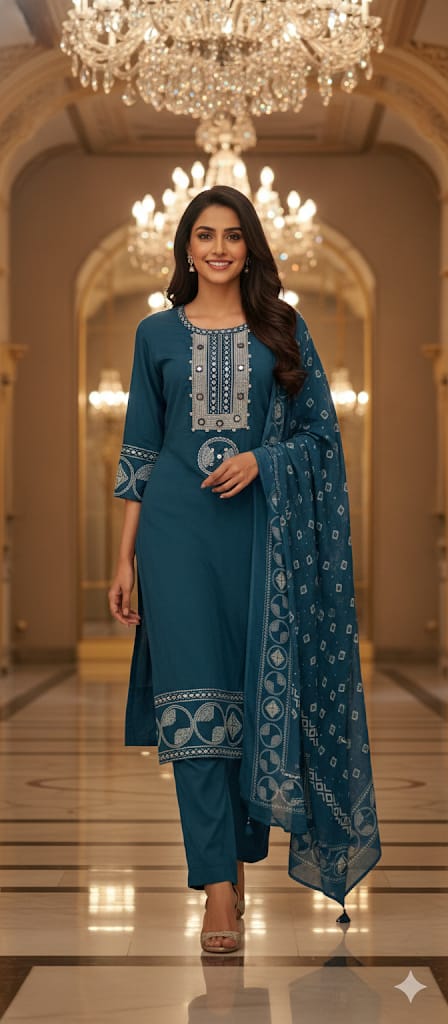 Mirror Work With Thread Embroidery & Printed Cotton Full Suit Set With Dupatta-13322