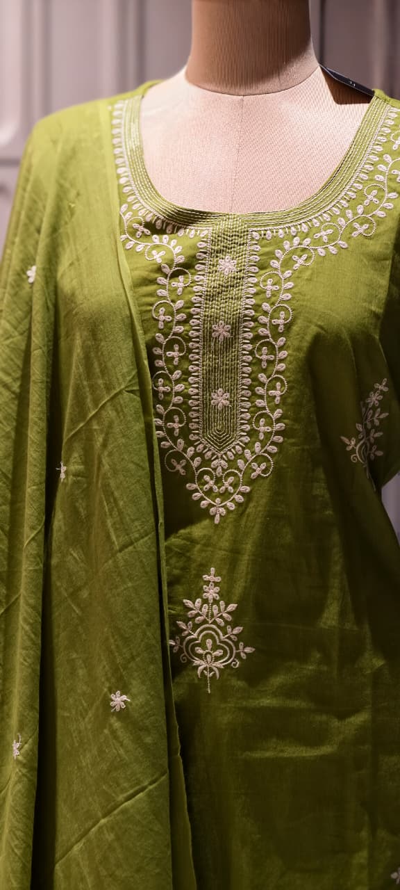 Rich Thread Embroidery Solid Cotton Straight Full Suit Set With Dupatta & Matching Bottom- 13320
