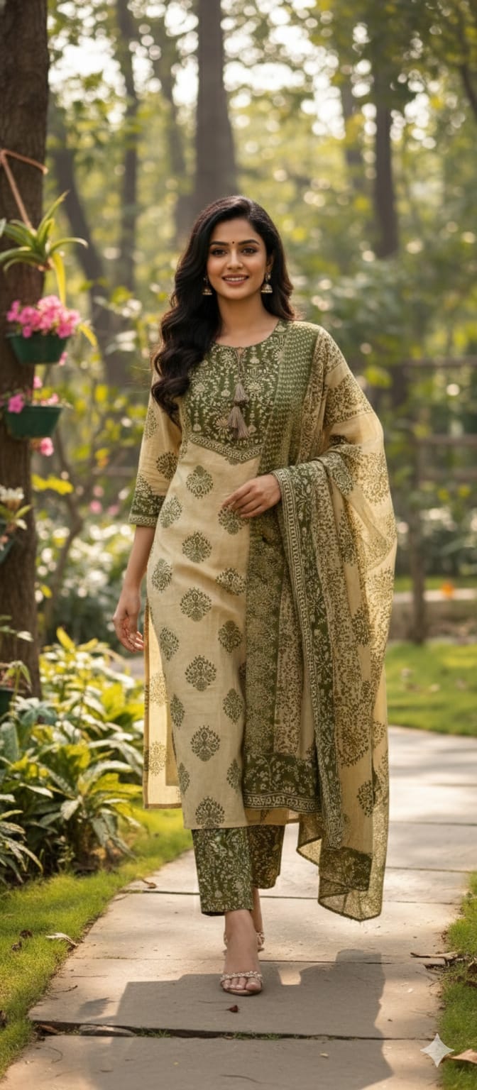 Earthy Bloom Printed Ethnic Full Suit Set With Dupatta In Cotton Fabric- 13316