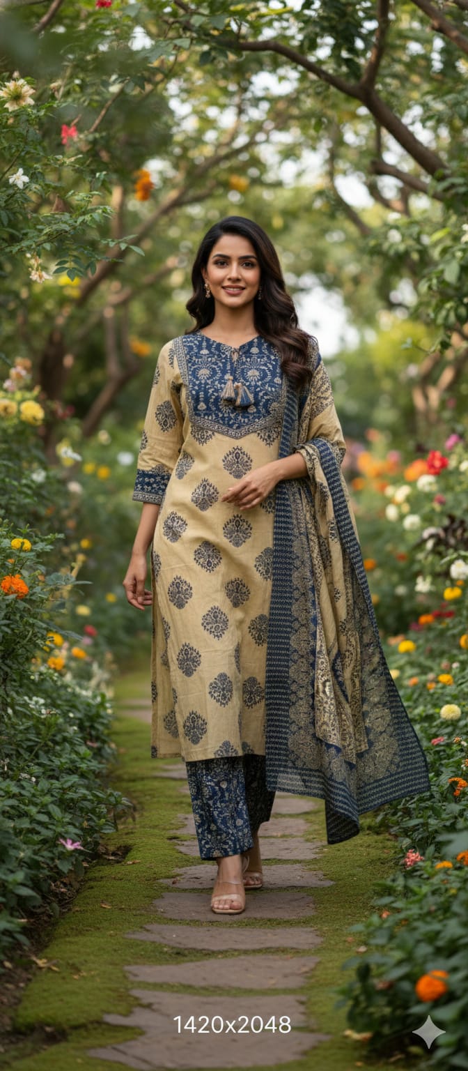 Earthy Bloom Printed Ethnic Full Suit Set With Dupatta In Cotton Fabric- 13316