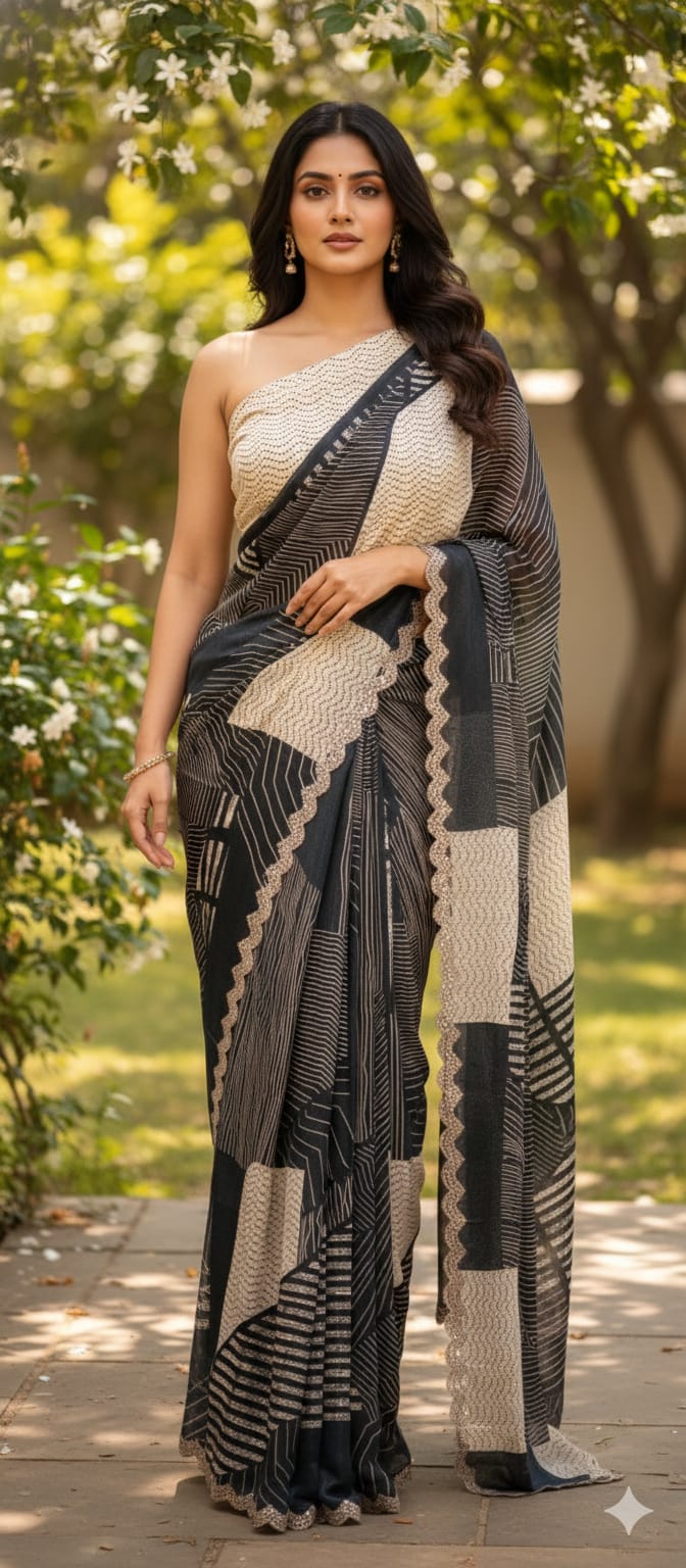 Scarlet Stripe Soft Luxe Twin Color Designer Saree With Unstitched Blouse