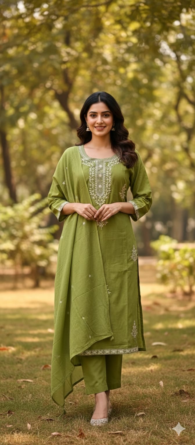 Rich Thread Embroidery Solid Cotton Straight Full Suit Set With Dupatta & Matching Bottom- 13320