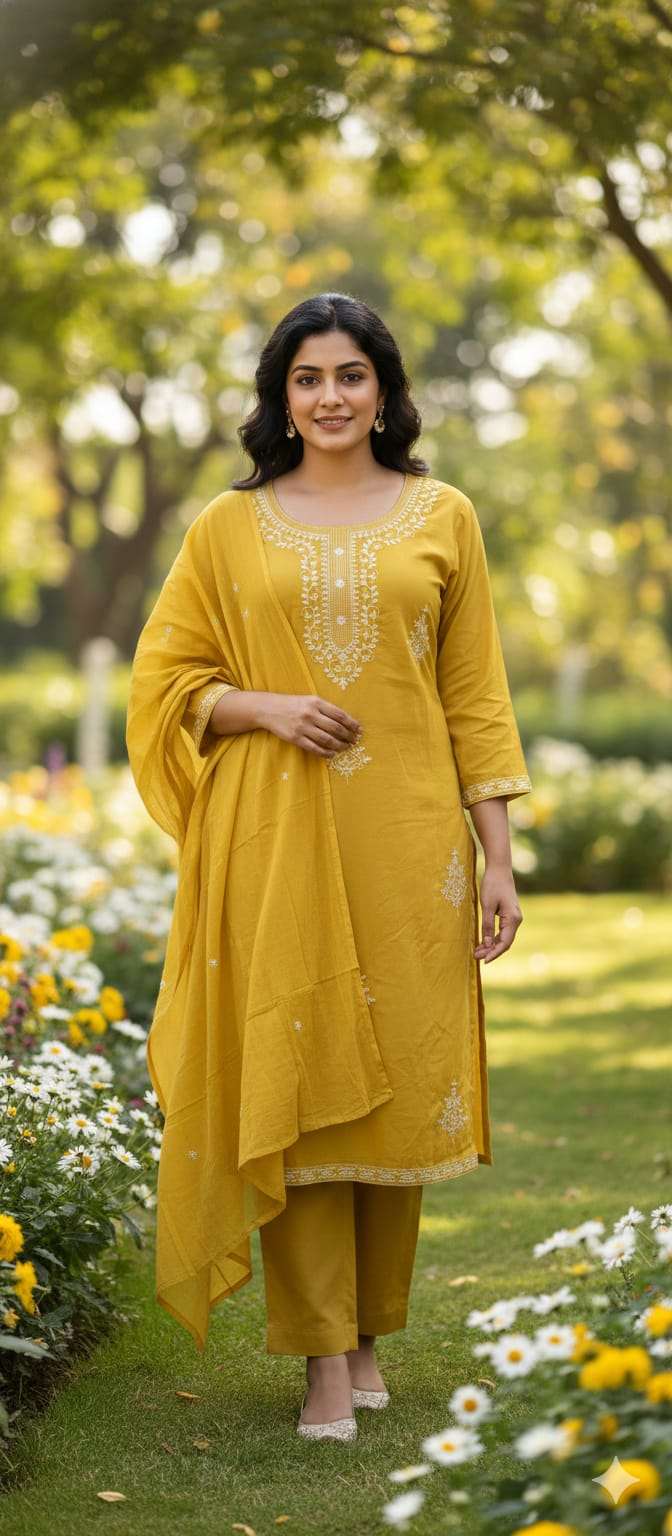 Rich Thread Embroidery Solid Cotton Straight Full Suit Set With Dupatta & Matching Bottom- 13320