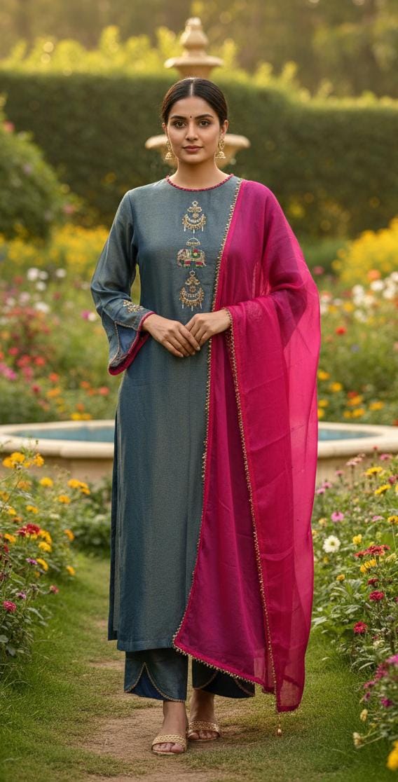 Minimal Kundan Figure Work Front Designed Solid Tissue Full Suit Set With Dupatta- 13377