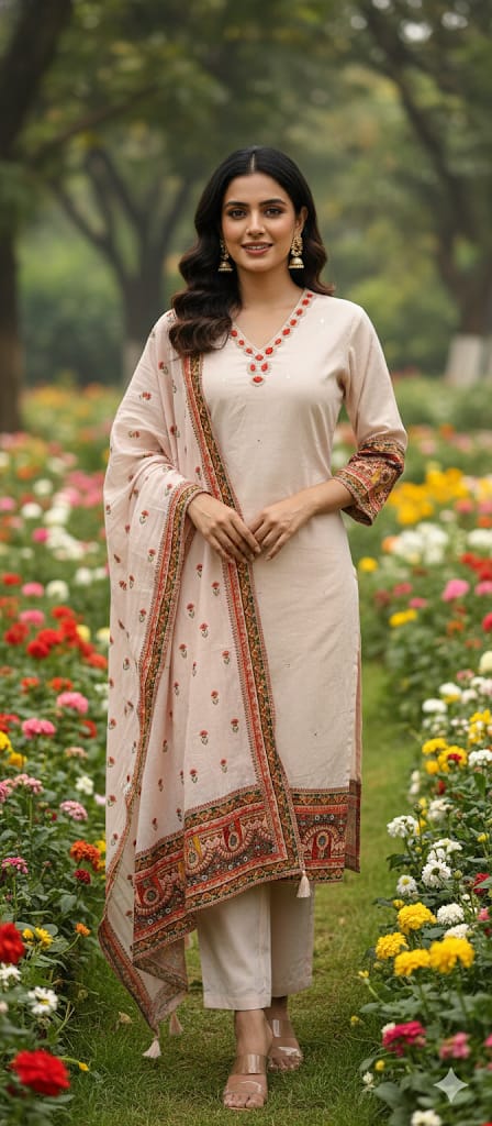 Unique Rajasthani Look Bordered Cotton Full Suit Set With Plain Bottom & Dupatta- 13357