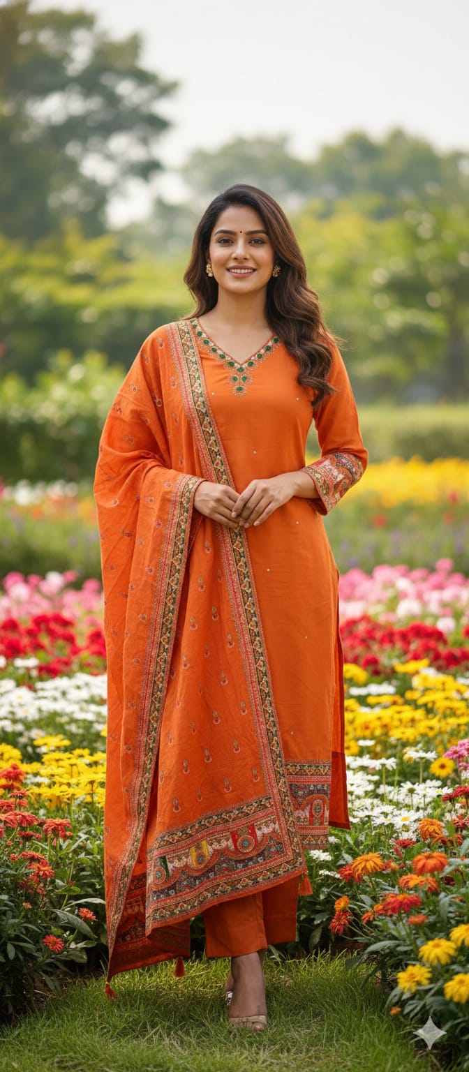 Unique Rajasthani Look Bordered Cotton Full Suit Set With Plain Bottom & Dupatta- 13357