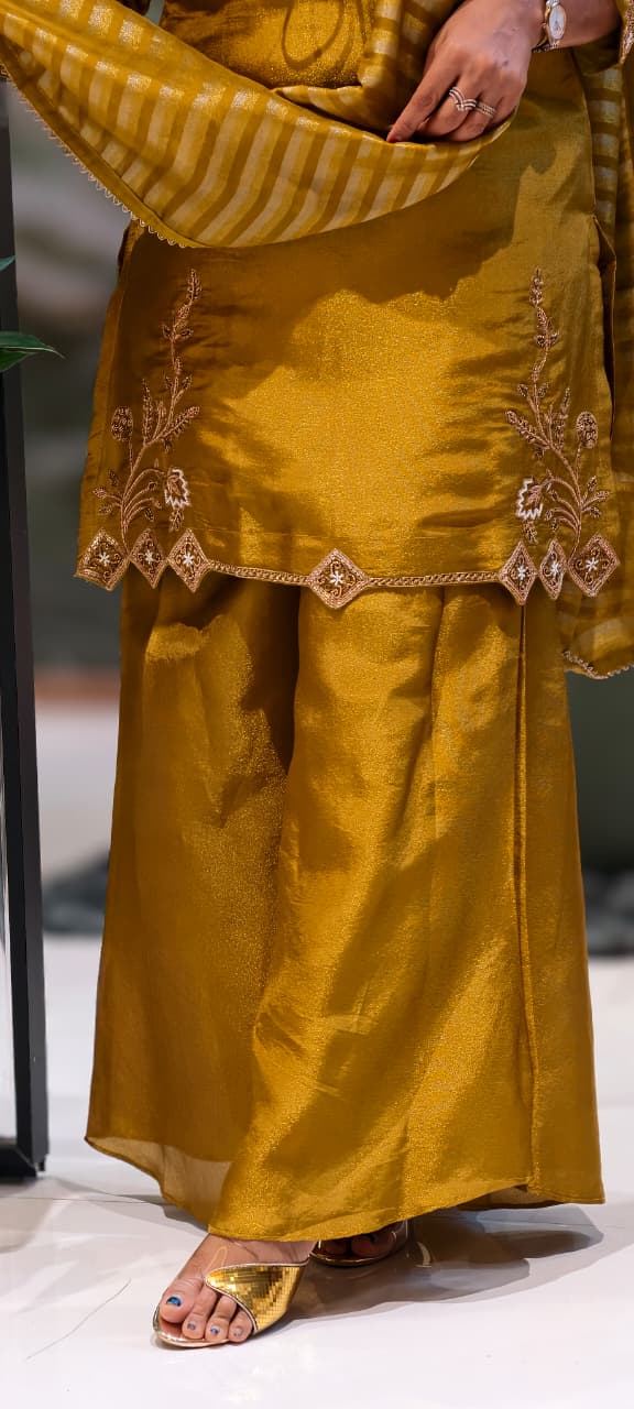 Noor Zari Embroidered Full Suit Set With Palazzo Bottom & Striped Dupatta In Tissue Fabric- 13301