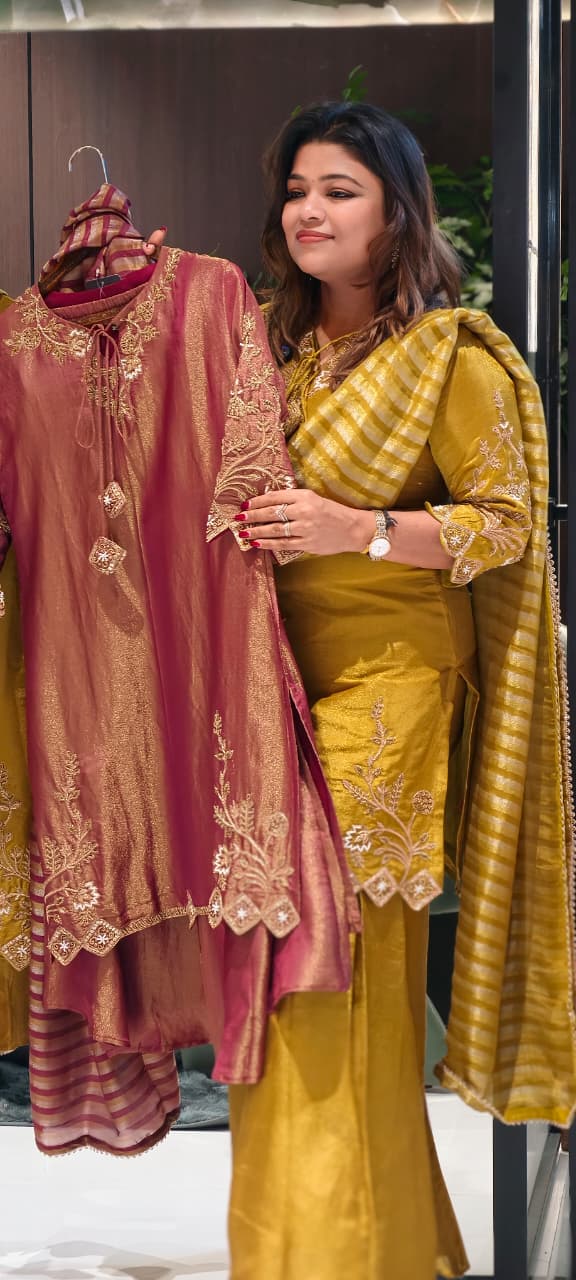 Noor Zari Embroidered Full Suit Set With Palazzo Bottom & Striped Dupatta In Tissue Fabric- 13301