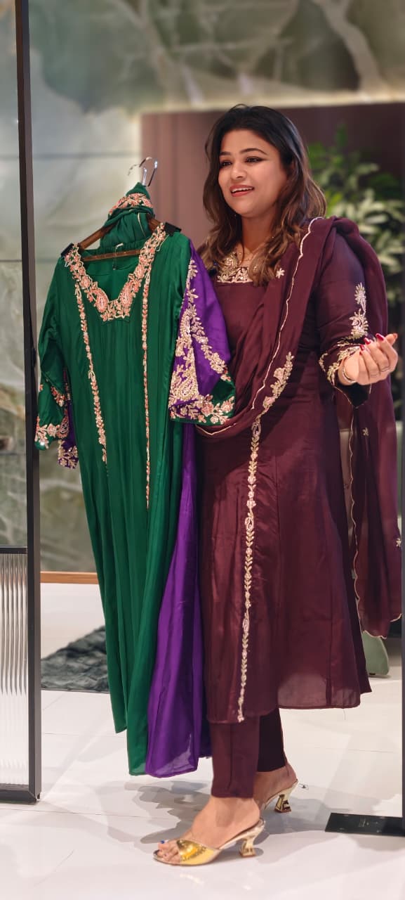 Regal Zardosi Vibrant A-Line Dola Silk Panel Anarkali Full Suit Set With Dupatta- 13308