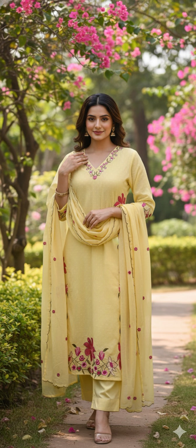 Soft Tone Cute Floral Embroidery A-Line Full Suit Set With Dupatta In Mul Cotton Fabric- 13330