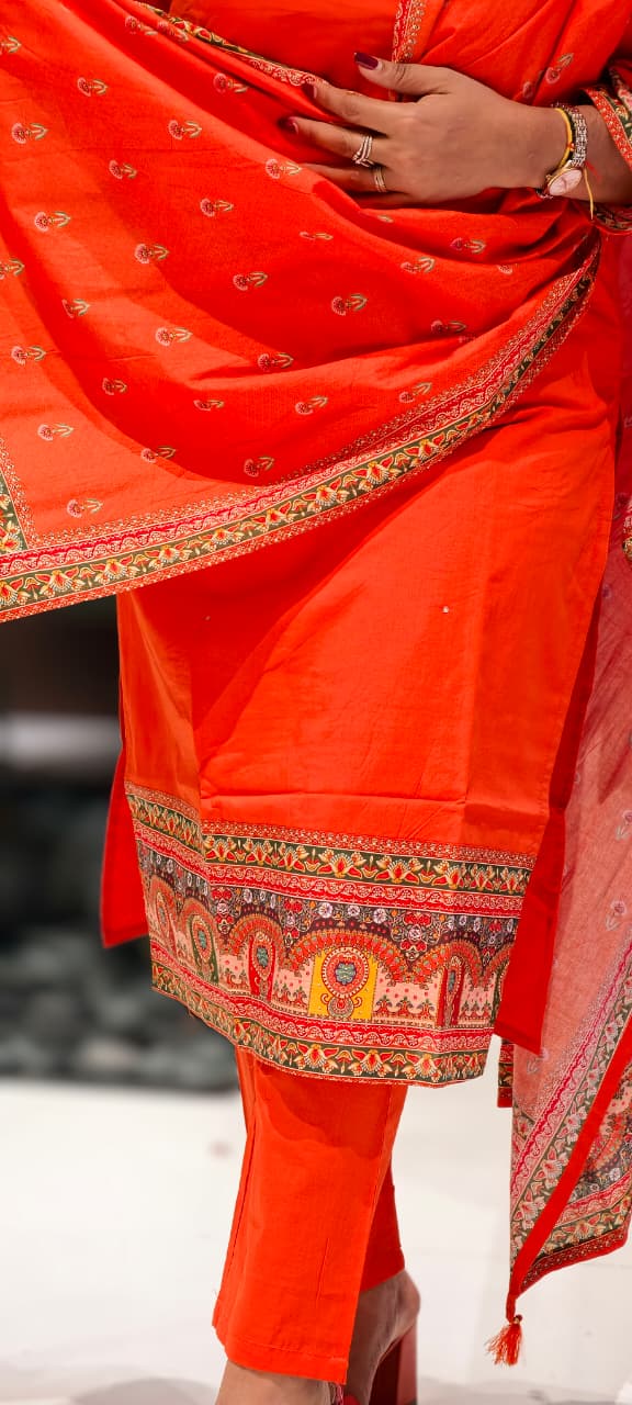 Unique Rajasthani Look Bordered Cotton Full Suit Set With Plain Bottom & Dupatta- 13357