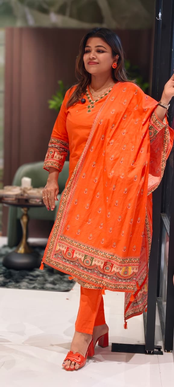 Unique Rajasthani Look Bordered Cotton Full Suit Set With Plain Bottom & Dupatta- 13357