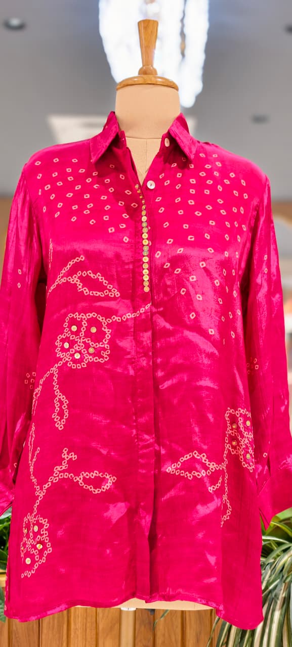 Scattered Bandhej Print Vibrant Crepe Collared Casual Shirt (Dispaching After 15 Days)