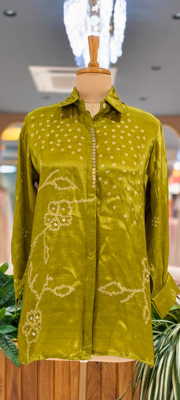 Scattered Bandhej Print Vibrant Crepe Collared Casual Shirt (Dispaching After 15 Days)