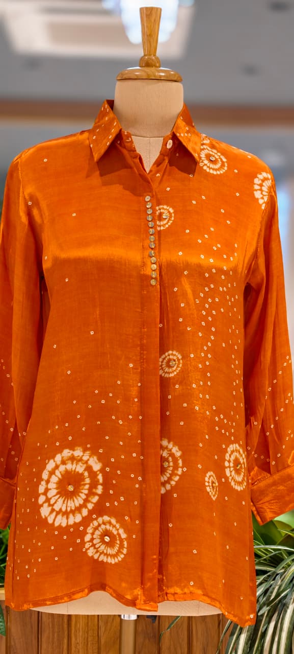 Scattered Bandhej Print Vibrant Crepe Collared Casual Shirt (Dispaching After 15 Days)