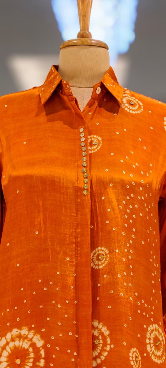 Scattered Bandhej Print Vibrant Crepe Collared Casual Shirt (Dispaching After 15 Days)