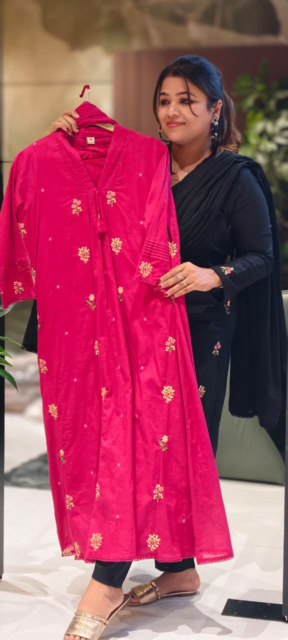 Premium Hand-Embroidered Aline Mul Cotton Kurta Pant Full Set With Tassel Detailing and Dupatta-12614,12615