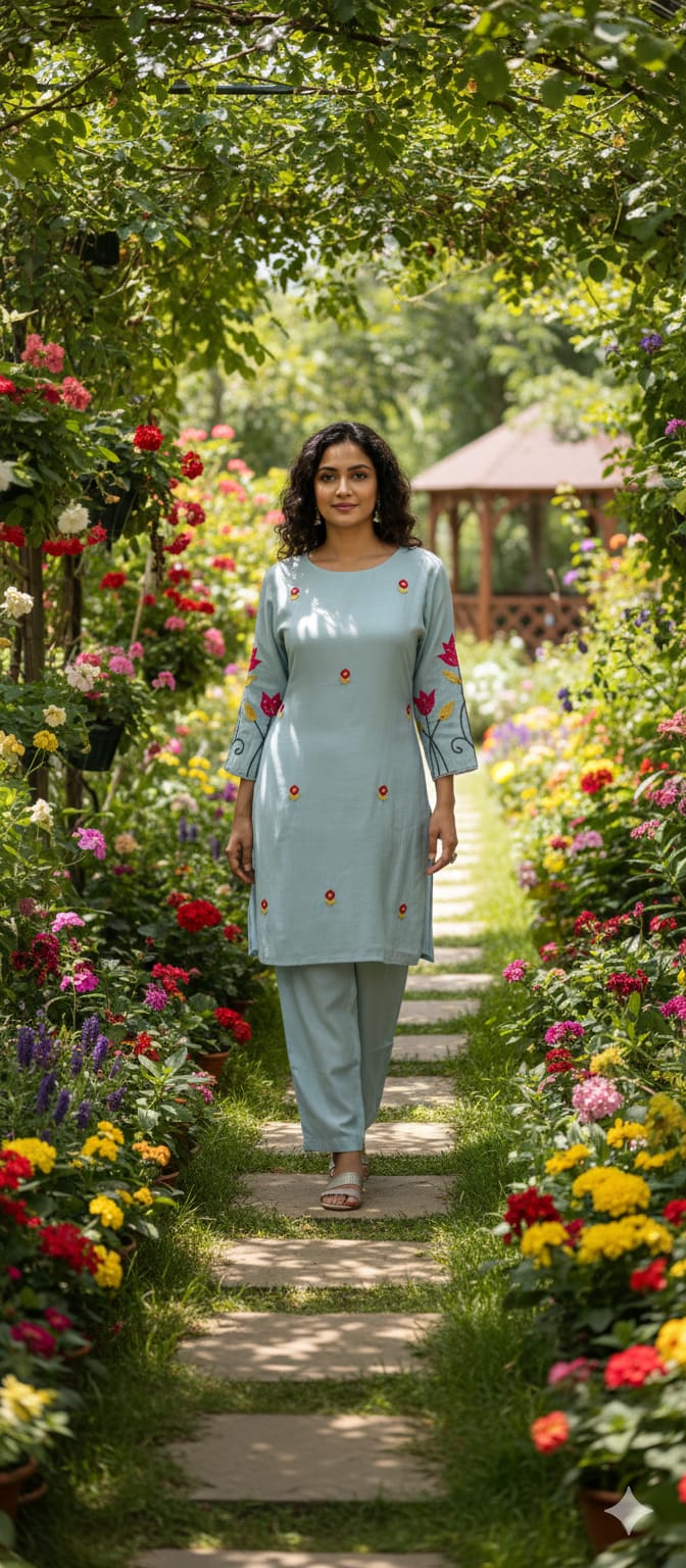 Pastel Shaded Soft Tone Pire Thread Embroidery Surat Mul Chanderi Co-Ord Set- 13410