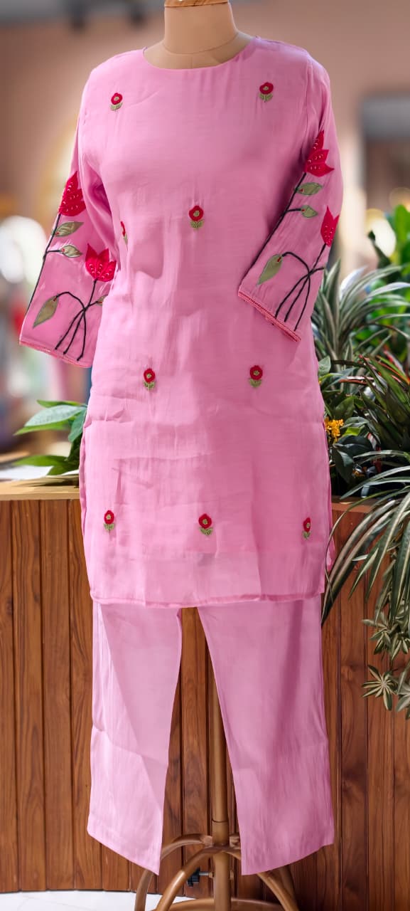 Pastel Shaded Soft Tone Pire Thread Embroidery Surat Mul Chanderi Co-Ord Set- 13410