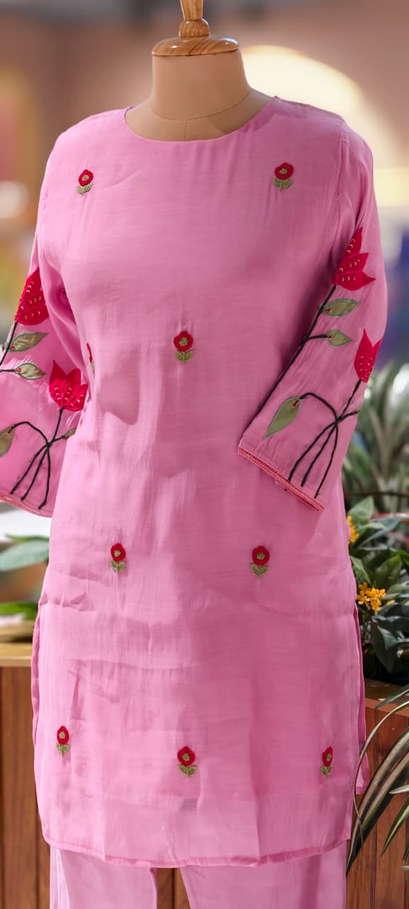 Pastel Shaded Soft Tone Pire Thread Embroidery Surat Mul Chanderi Co-Ord Set- 13410