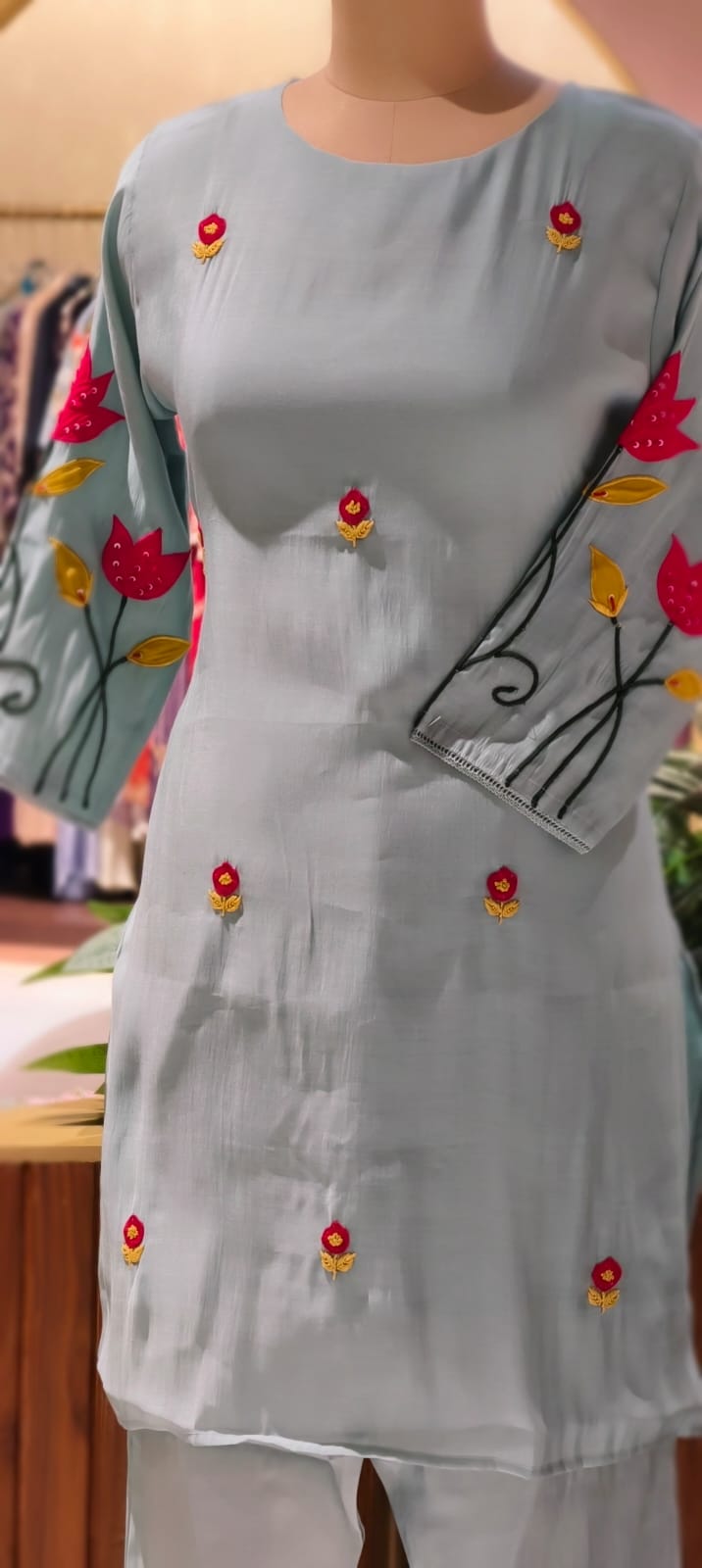 Pastel Shaded Soft Tone Pire Thread Embroidery Surat Mul Chanderi Co-Ord Set- 13410