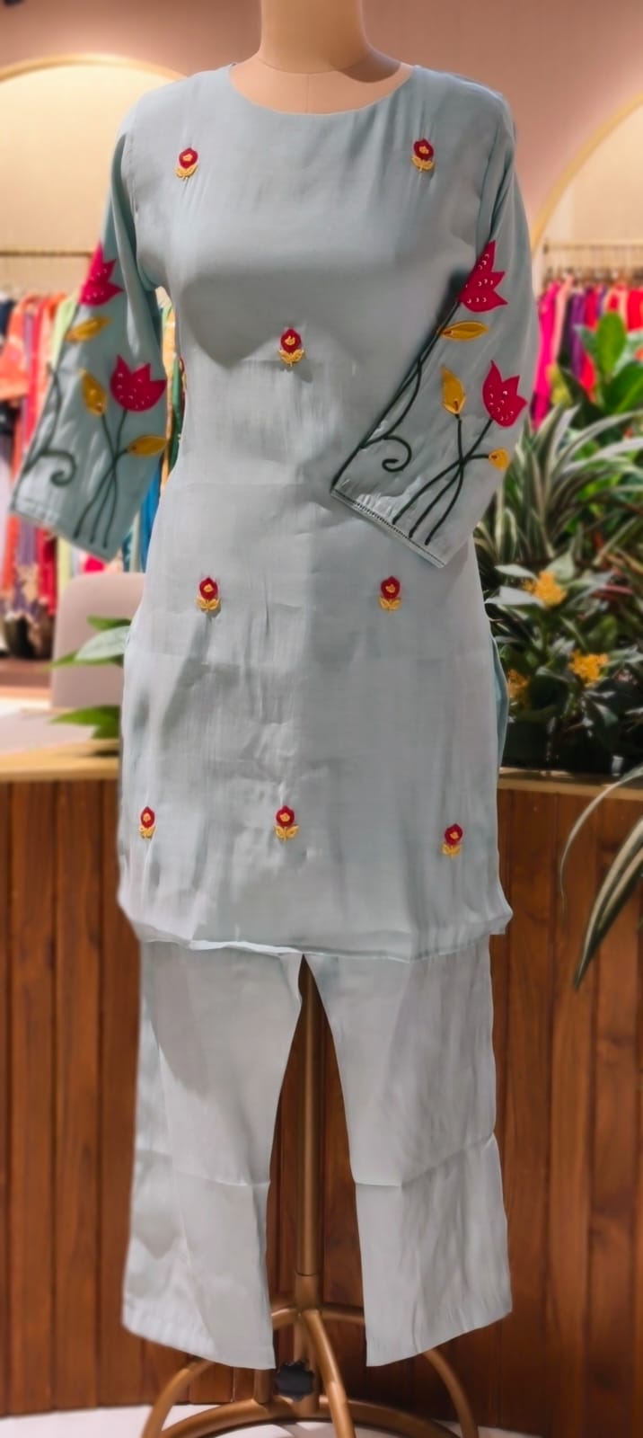 Pastel Shaded Soft Tone Pire Thread Embroidery Surat Mul Chanderi Co-Ord Set- 13410