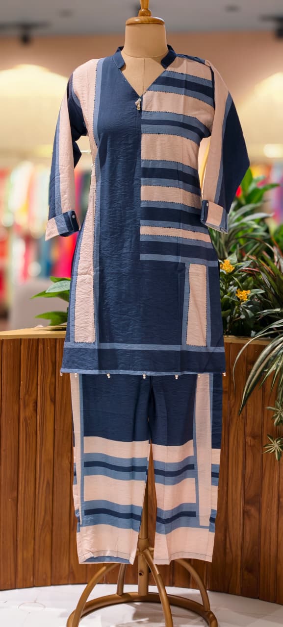 Dual Tone Striped Print Co-Ord Set In Nylon Viscose Silk Fabric- 13441